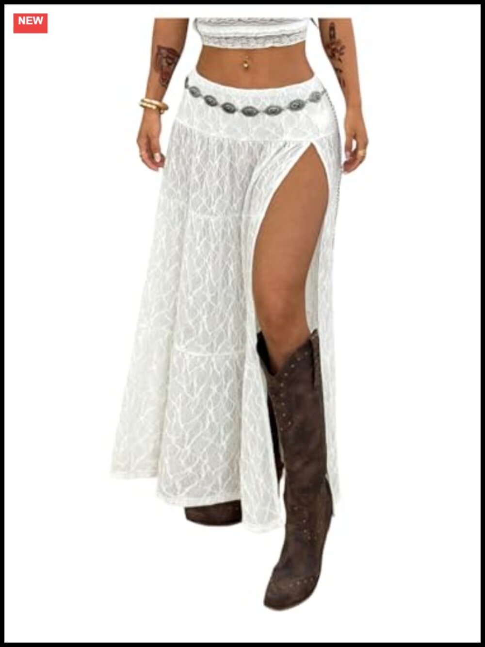 Women's Boho Lace Maxi Skirt High Low Fringe Split Side Flowy Long Skirt